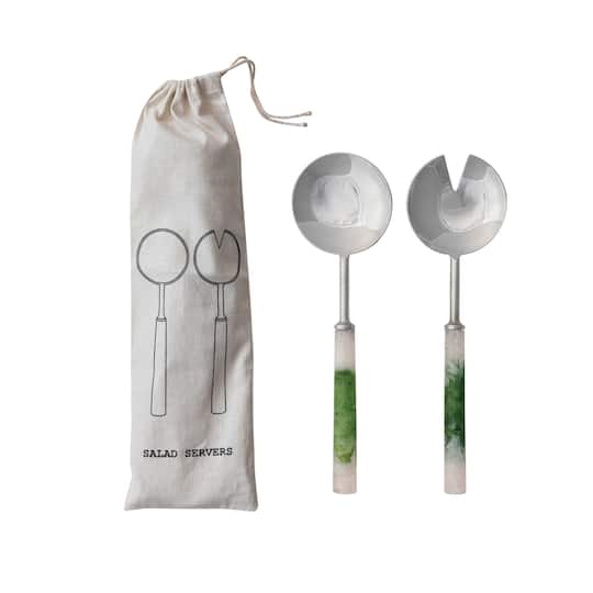 Hello Honey 2-Piece Stainless Steel Salad Servers with Marbled Resin Handles, Green and White